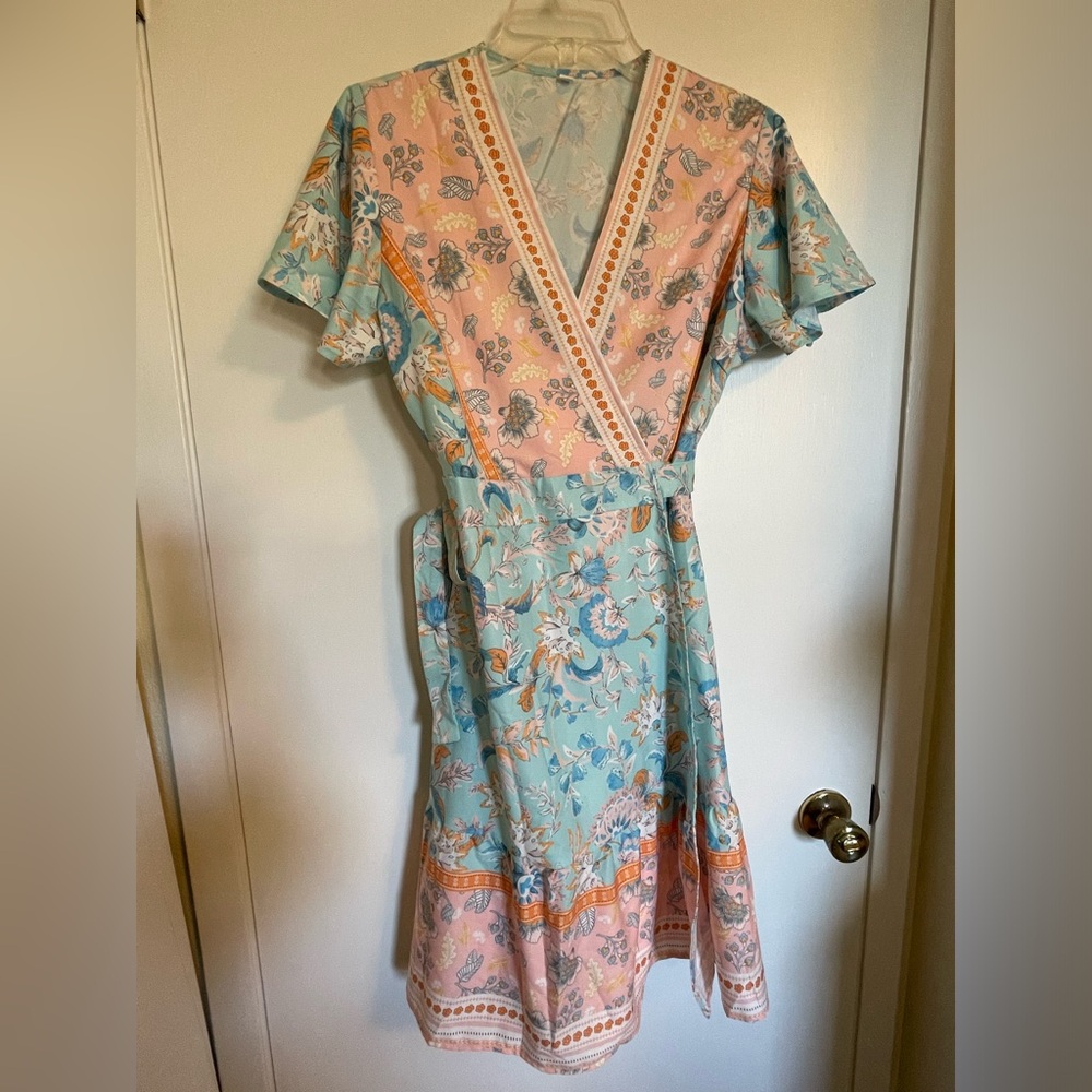 SHEIN mixed floral wrap dress in turquoise/peach shades--L but runs small!